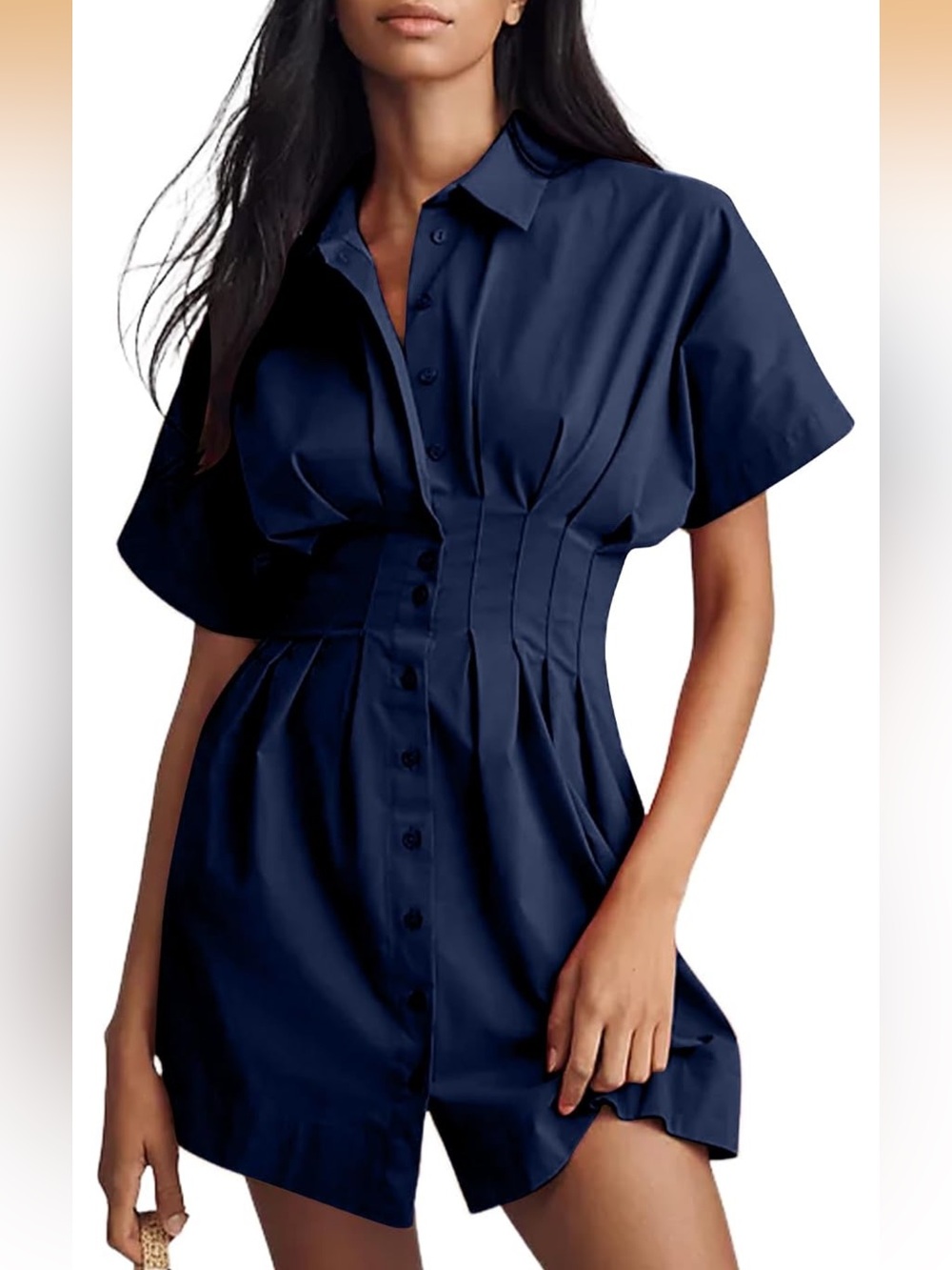 Women’s Button Front Pleated Shirt Dress with Cinched Waist and Short Sleeve